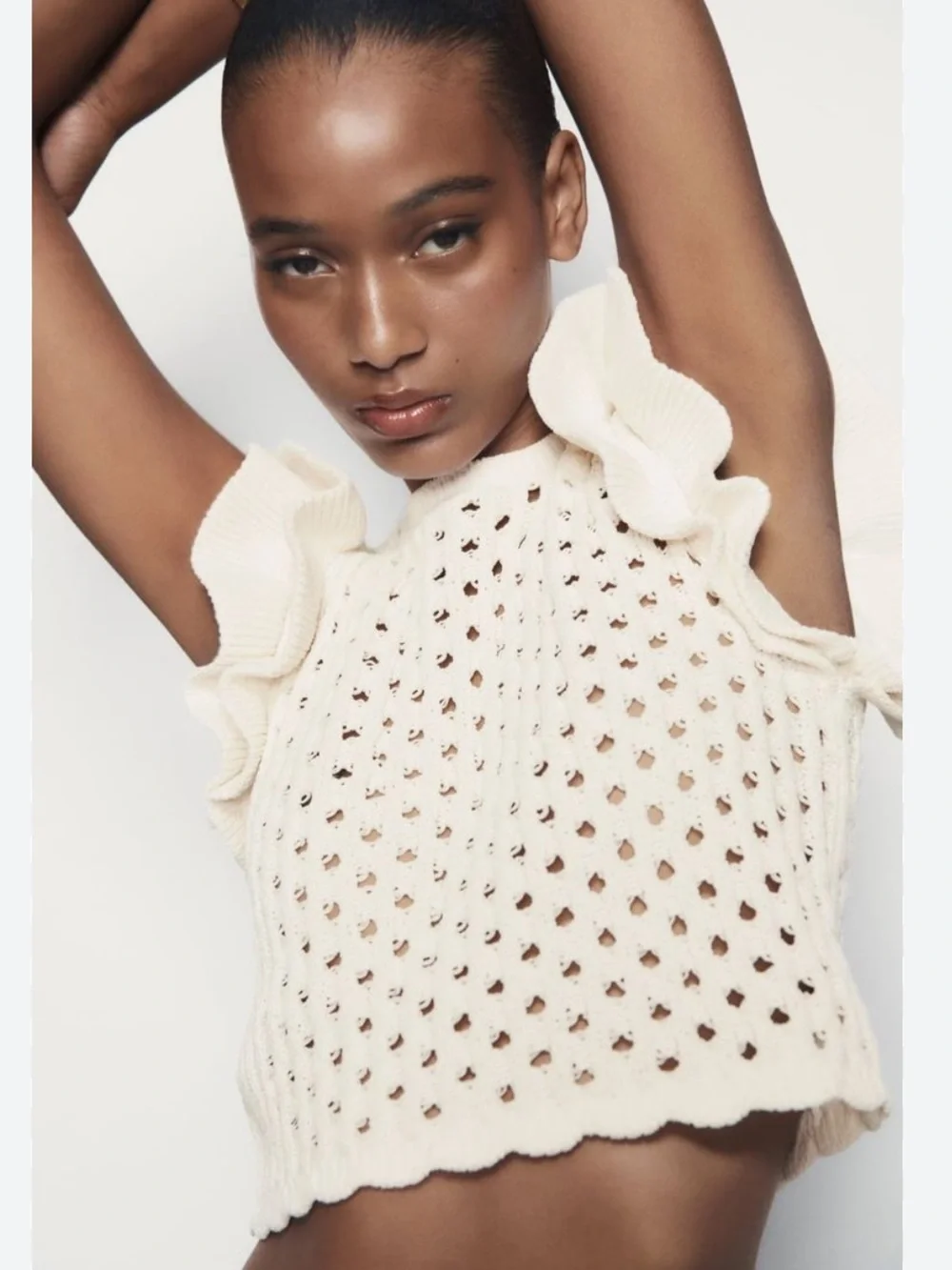 Zara Cream Knit Ruffle-Sleeve Crop Top